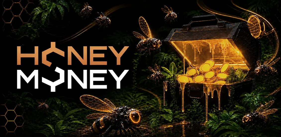 Интерфейс казино HoneyMoney в пчелиной тематике с жёлто-золотым дизайном, слотами и VIP-разделом.