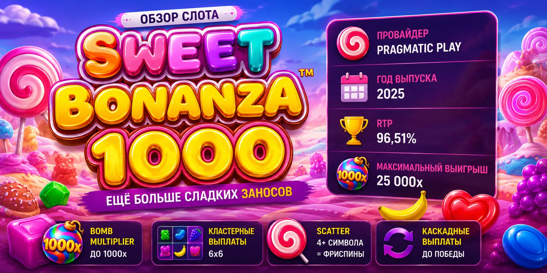 Sweet Bonanza 1000 — кластерный слот Pragmatic Play с бомбами-множителями до ×1000 на сетке 6×5