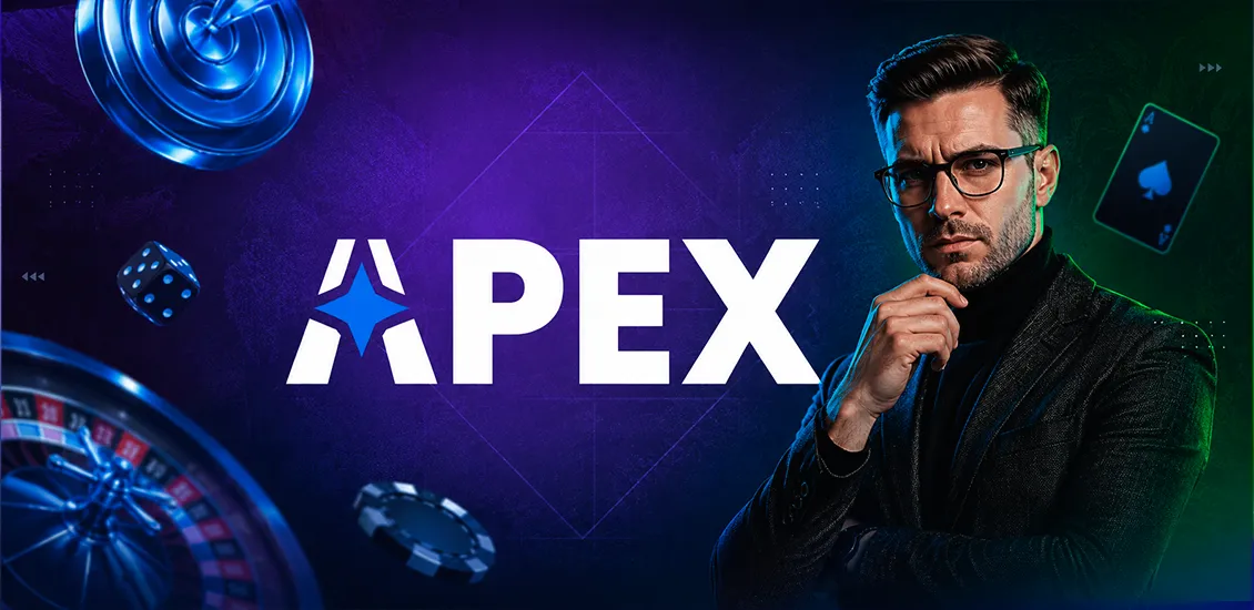 Главная страница казино APEX с минималистичным тёмным дизайном, разделами бонусов, VIP-клубом и списком популярных игр.