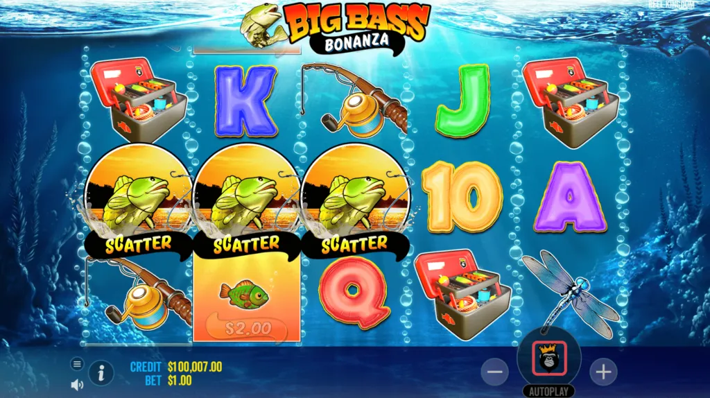 Бонусный раунд Big Bass Bonanza — Wild-рыбак собирает денежные рыбы, ретриггер повышает множитель