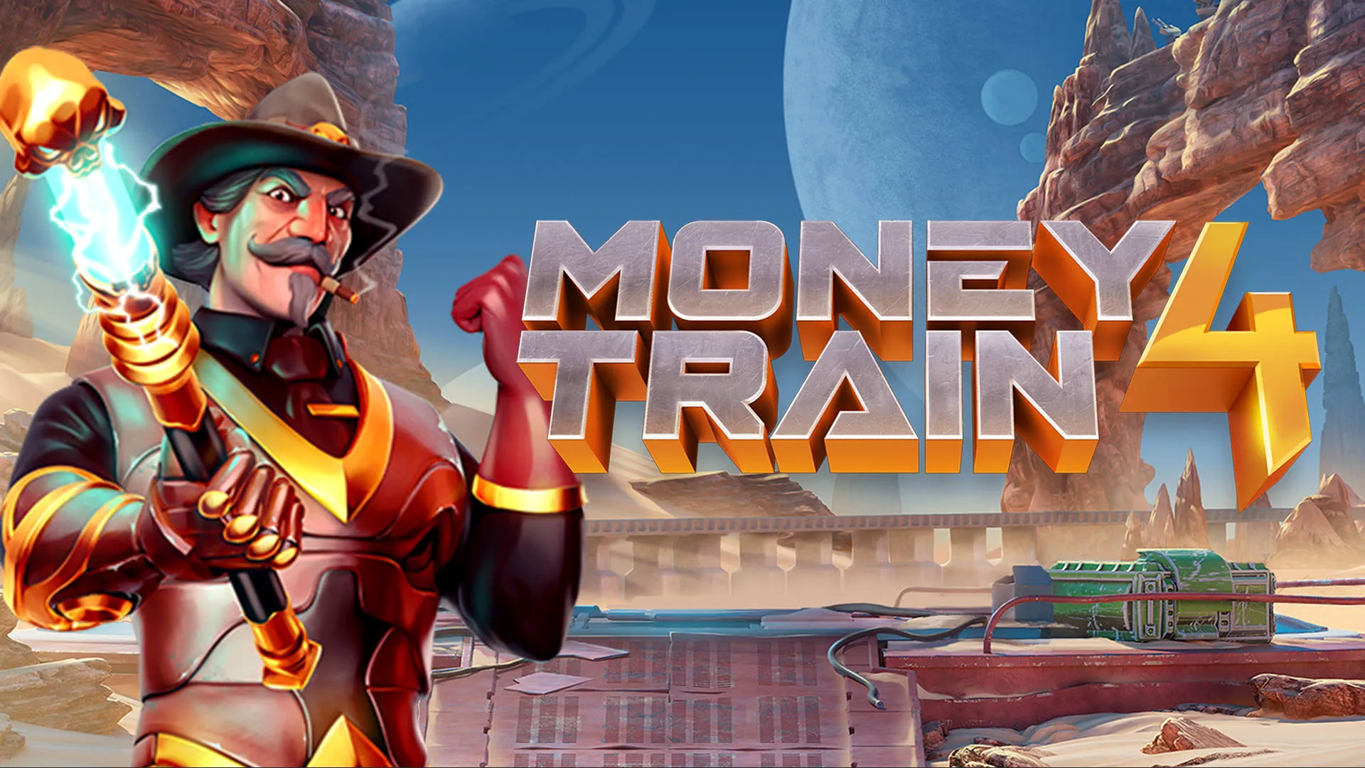 Money Train 4 от Relax Gaming: футуристический поезд с деньгами, пустыня, бонусный раунд и растущий множитель на игровом поле.