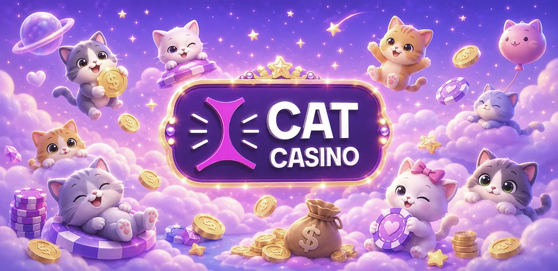Интерфейс казино CAT с тёмным дизайном, быстрым доступом к слотам и криптовалютной кассой на главной странице.