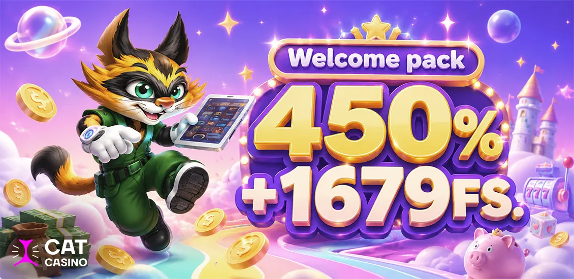 Мобильная версия CAT с разделами слотов, crash-игр и VIP-системой с кешбэком и бонусами для активных игроков.