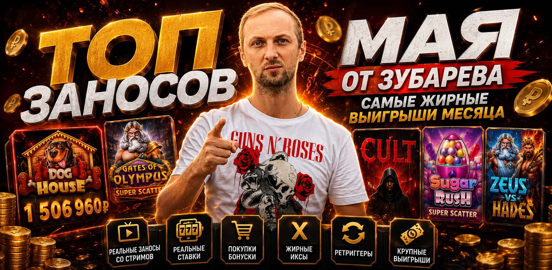 ТОП заносов мая на слотах Gates of Olympus и CULT от Зубарева
