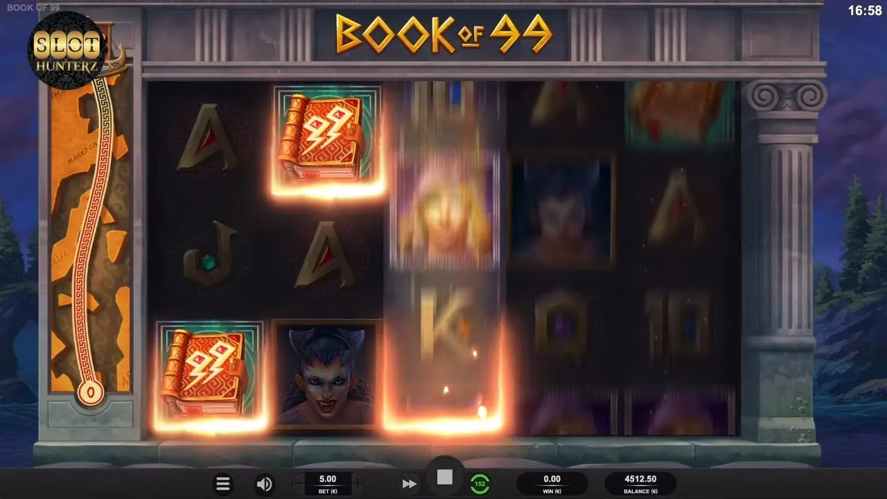 Бонусный раунд Book of 99 — расширяющийся символ на фоне солнечной Аркадии, ретриггер без лимита