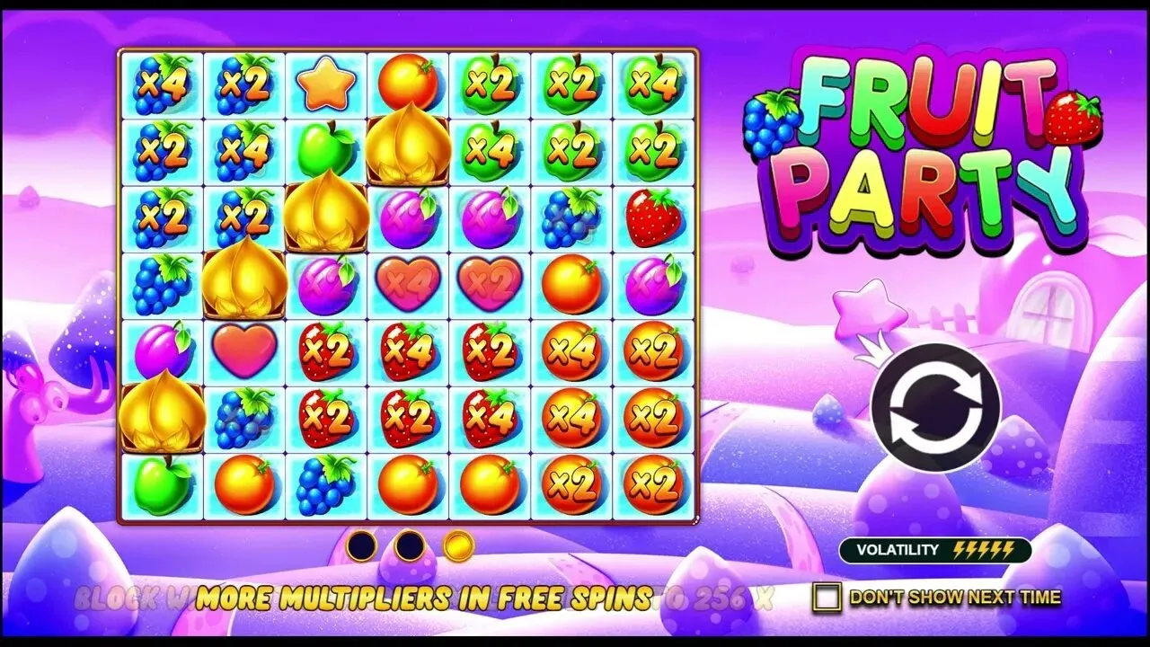 Fruit Party Pragmatic Play — каскадный бонусный раунд с множителями на кластерах