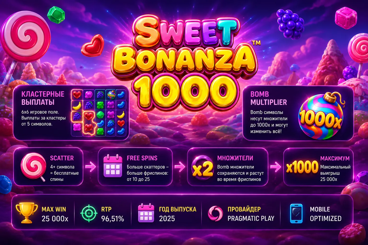 Бонусный раунд Sweet Bonanza 1000 — фриспины с суммирующимися множителями и максвином 25 000×