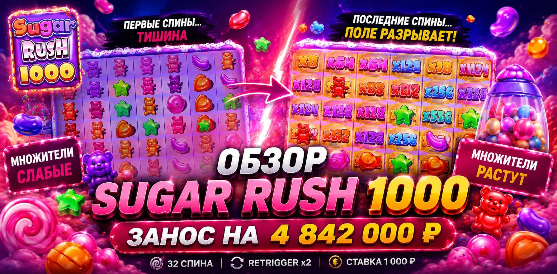 Бонусный раунд Sugar Rush 1000 с ретриггерами и заносом на x4842