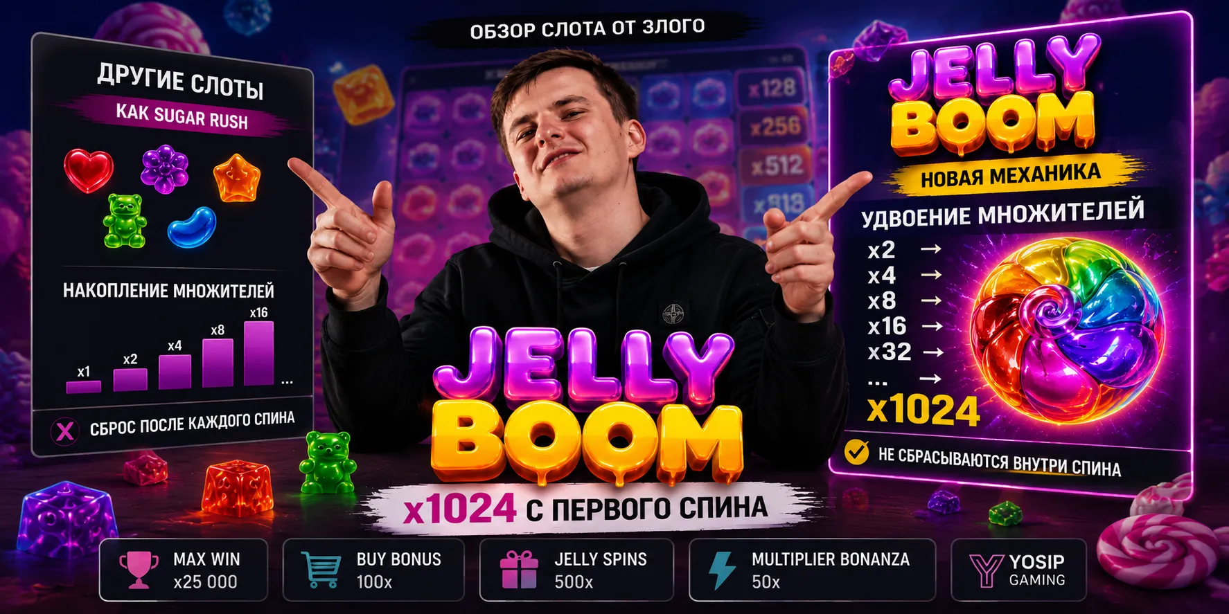 Игровое поле Jelly Boom с множителями до x1024 и бонусными режимами