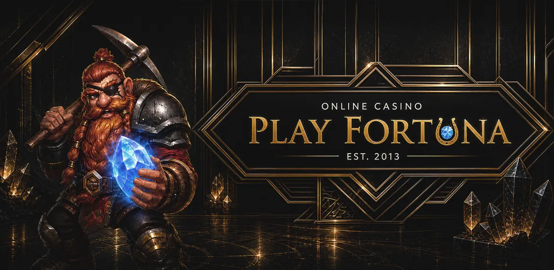 Интерфейс казино Play Fortuna в чёрно-золотом стиле с акцентом на бонусы и раздел выбора предложений на главной.