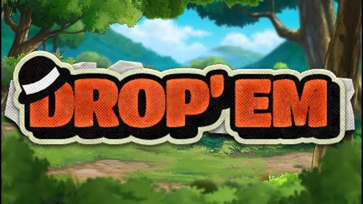 Главный экран слота Drop'em от Hacksaw Gaming с игровым полем 5×6, персонажами и Drop-символом.