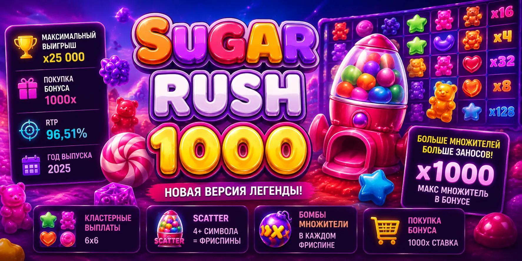 Бонусные спины и механика Sugar Rush 1000 с максвином 25 000×