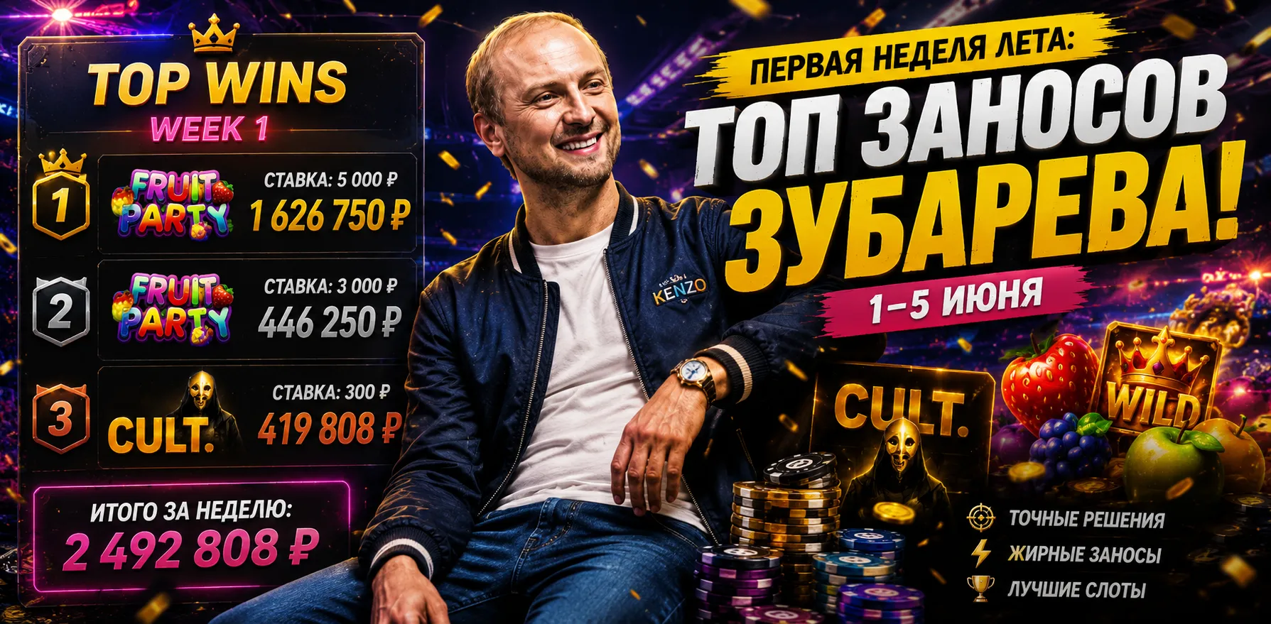 Первая неделя июня: крупные выигрыши в CULT. и Fruit Party на стримах Зубарева