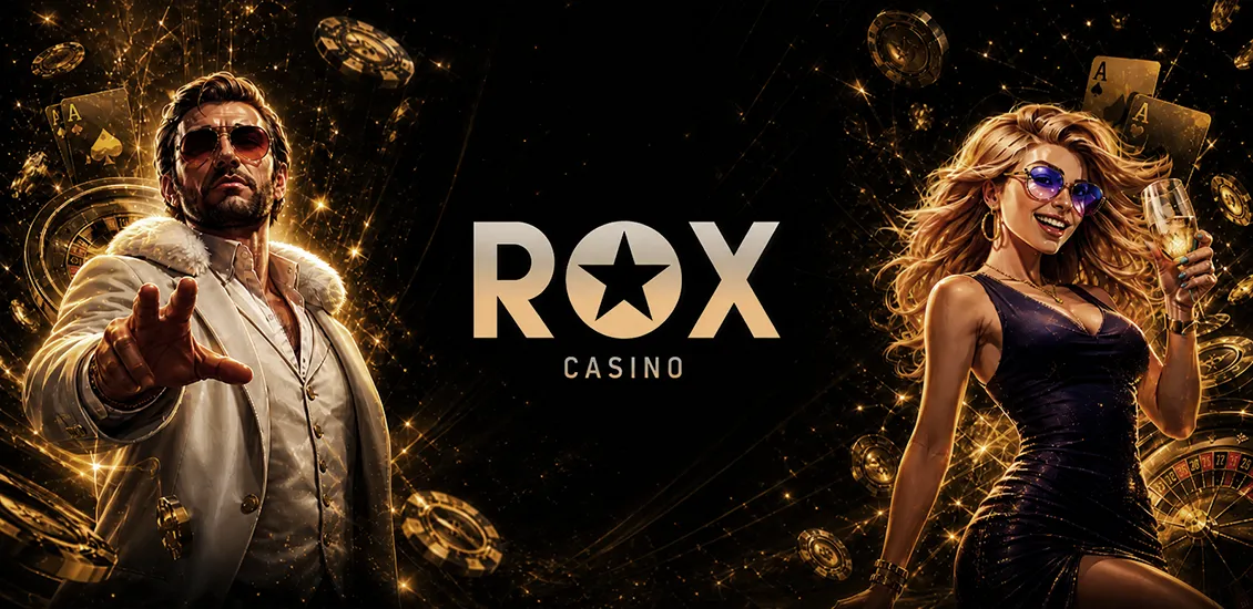 Интерфейс казино ROX с чёрно-золотым дизайном, слотами и бонусными предложениями на главной странице.