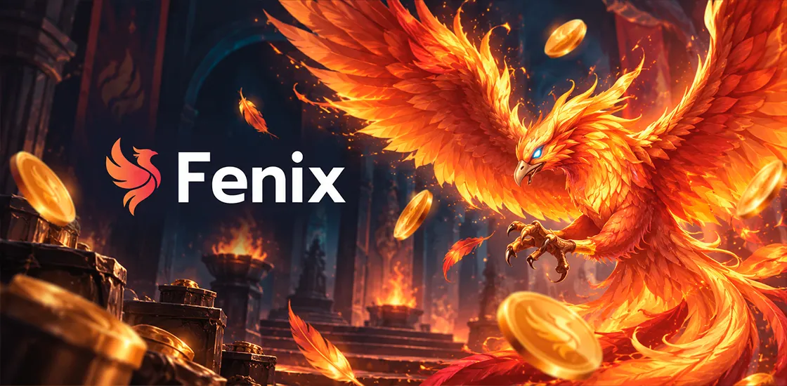 Казино Феникс FENIX — главная страница в тёмно-синей палитре с оранжево-золотыми акцентами и символикой феникса.