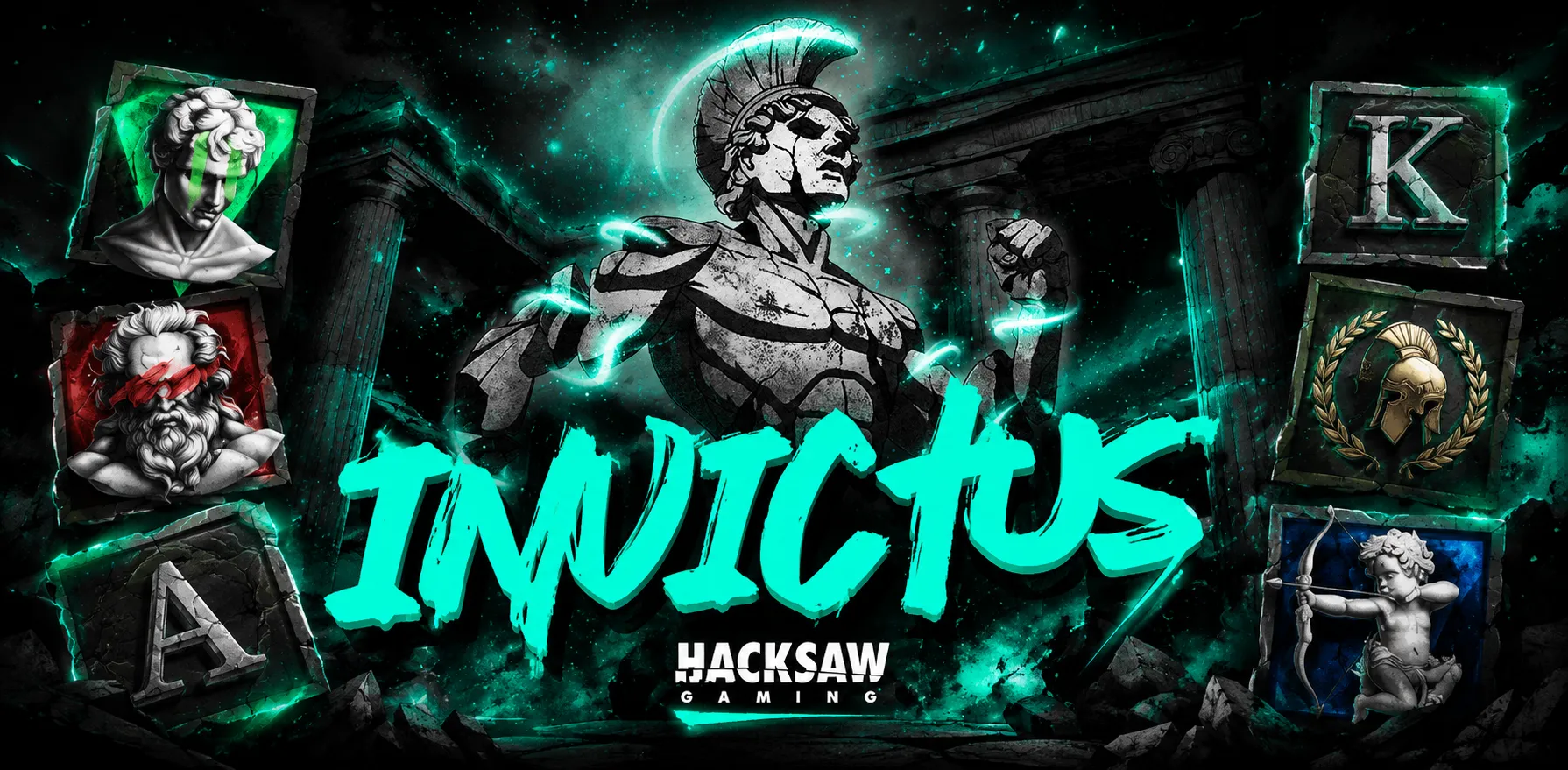 Invictus от Hacksaw Gaming: древнеримский храм, воины, барабаны слота и крупные множители на игровом поле.