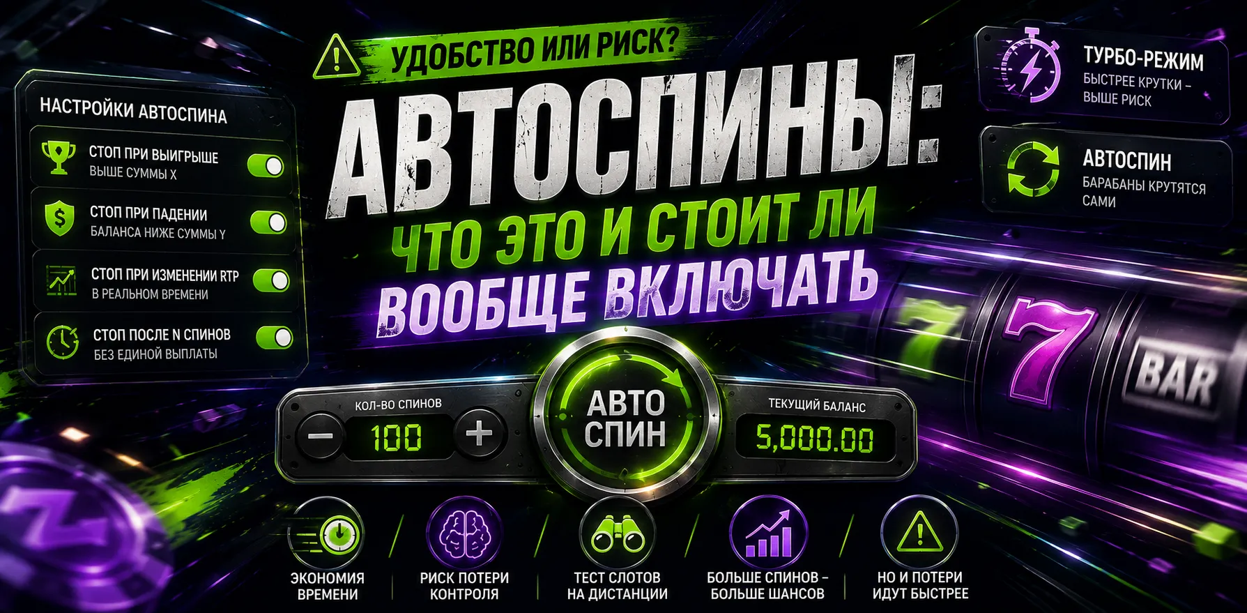 Автоспин в слотах: настройки стоп-лимитов, отличие от турбо-режима и основные риски автоматических вращений.